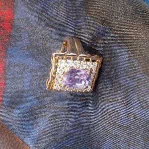 Cocktail Ring 925/goldtone overlay purple/pink Square stone and rhinestones